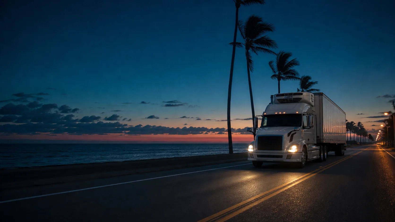 Refrigerated tractor-trailer on a Florida coastal highway at dusk, headlights on beside palm trees and the ocean