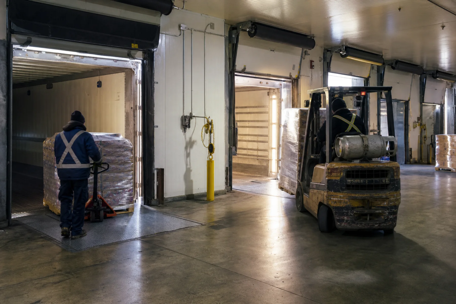 Palletized freight moving through a working cross-dock