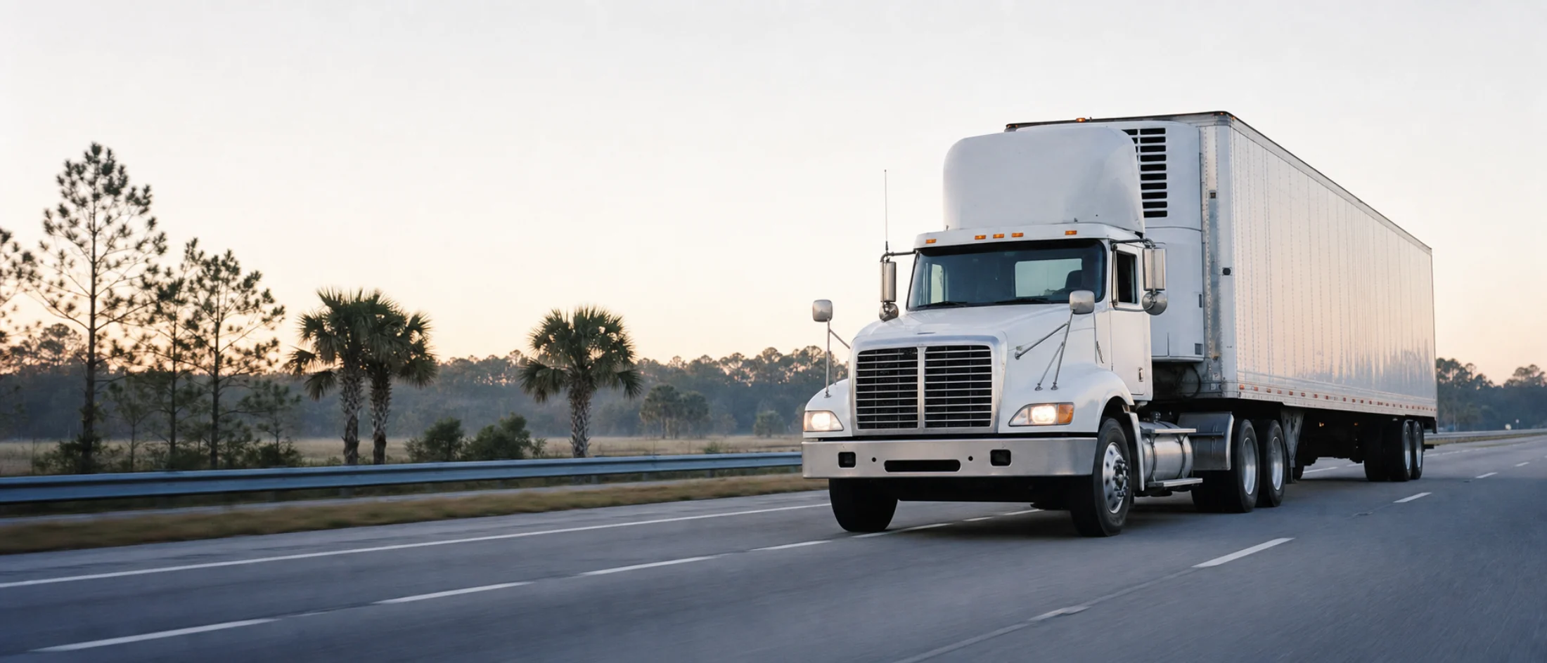 Refrigerated tractor-trailer moving through Florida at first light