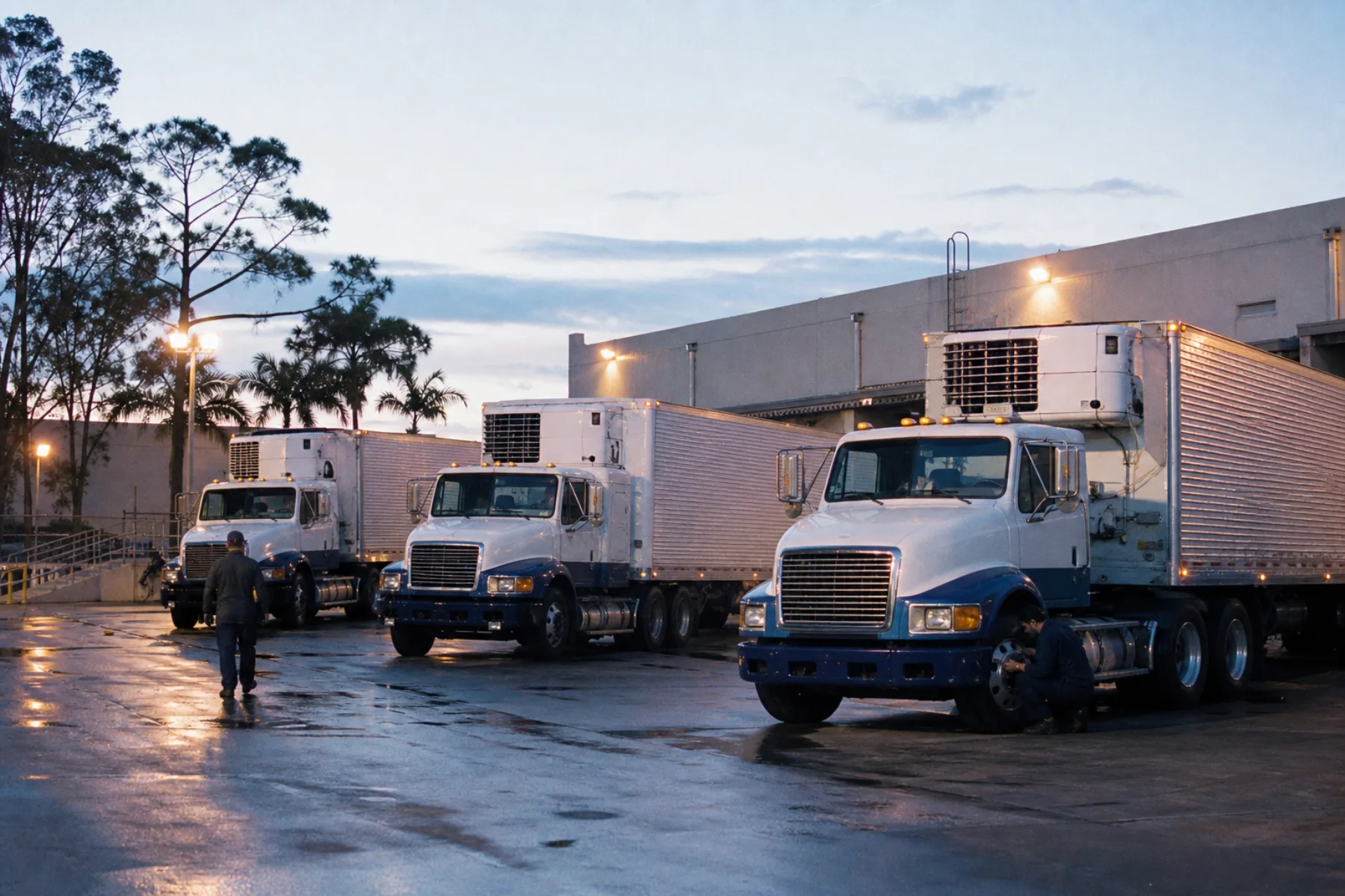 Rows of refrigerated tractors prepared in a transport yard before sunrise